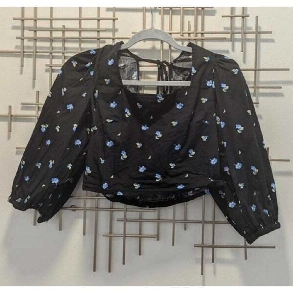 Black Blue Floral Puff Sleeve Smocked Back Crop Top Cottagecore Romantic Sz S